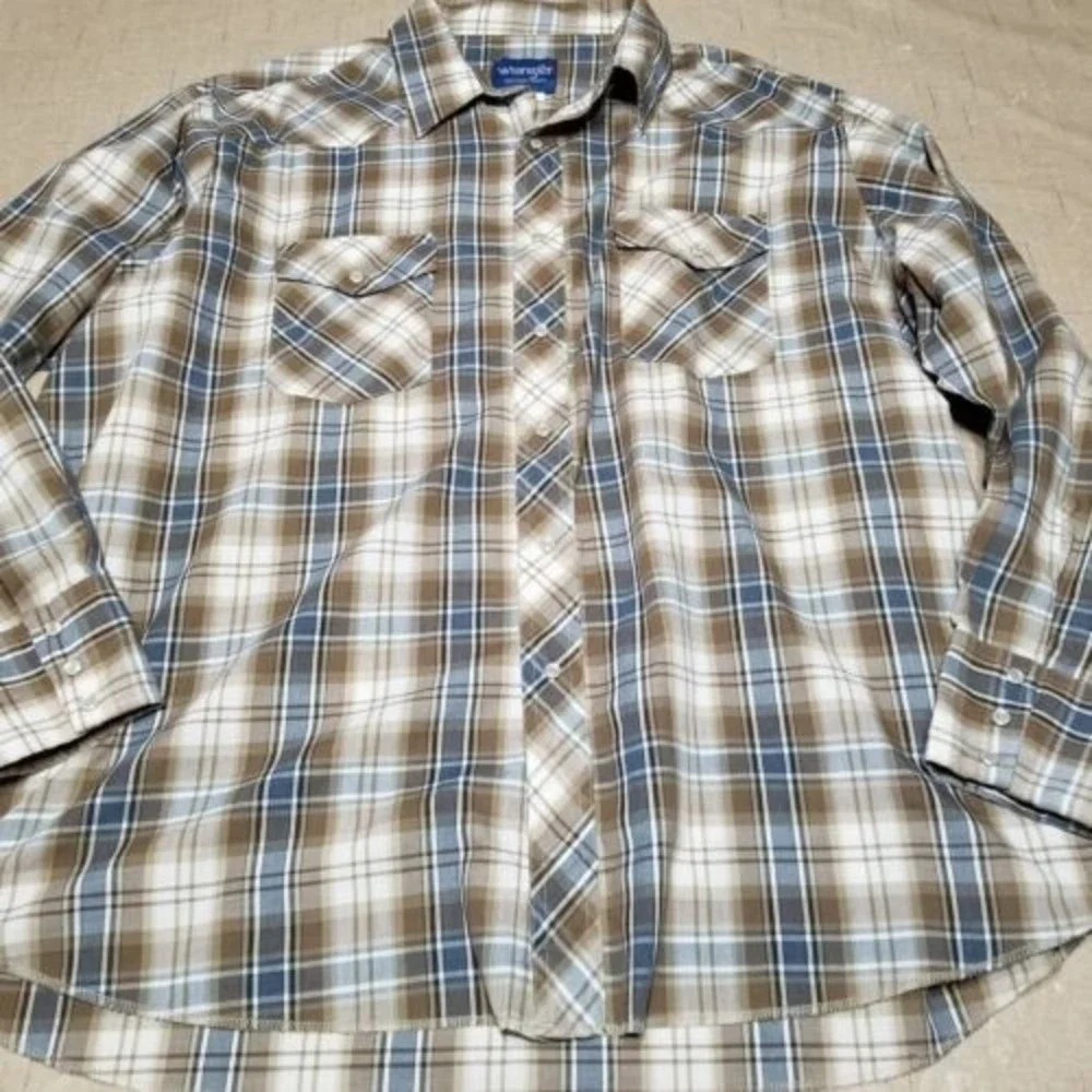 Wrangler Western Men Shirt Brown and Blue Size 2X Plaid Pearl Snap Long Sleeve - Picture 9 of 10